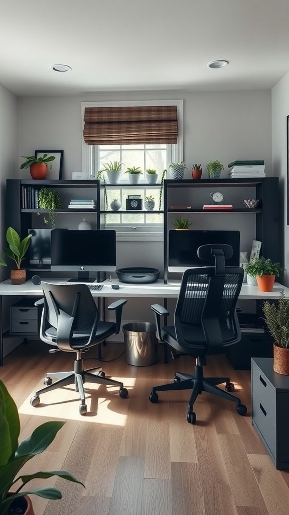 A wall-to-wall desk setup for a small home office featuring two chairs, dual monitors, and plants.