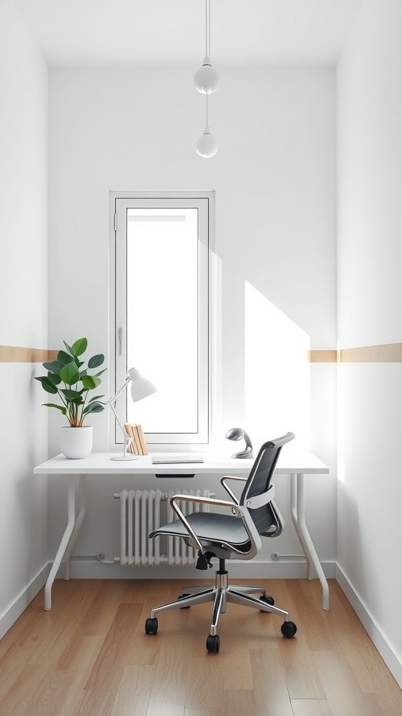 A minimalist small home office with a desk, chair, and a window.
