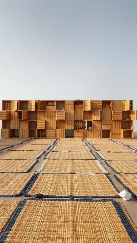 A wall made of wooden crates with storage options and natural decor in a bathroom setting.