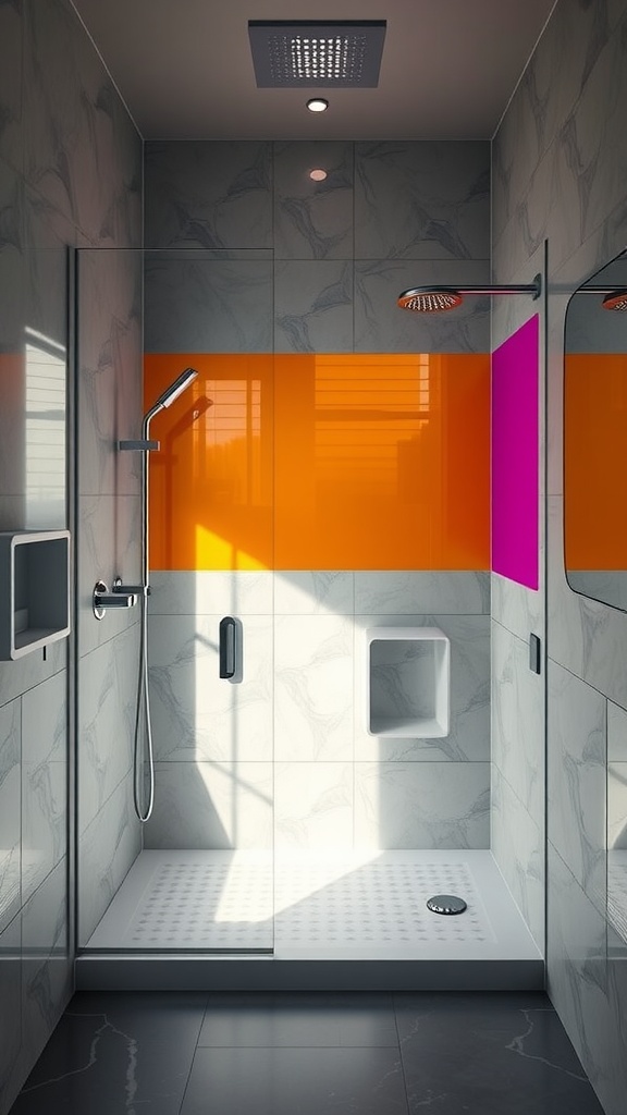 Walk-in shower featuring a bright orange and pink feature wall with sleek marble tiles.