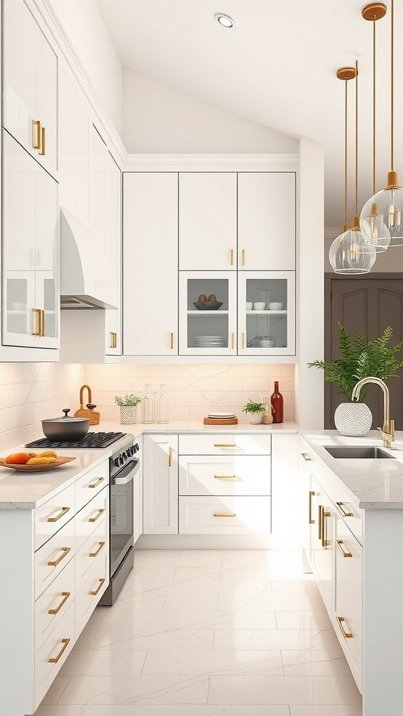 Glossy white U-shaped kitchen with gold accents and modern appliances