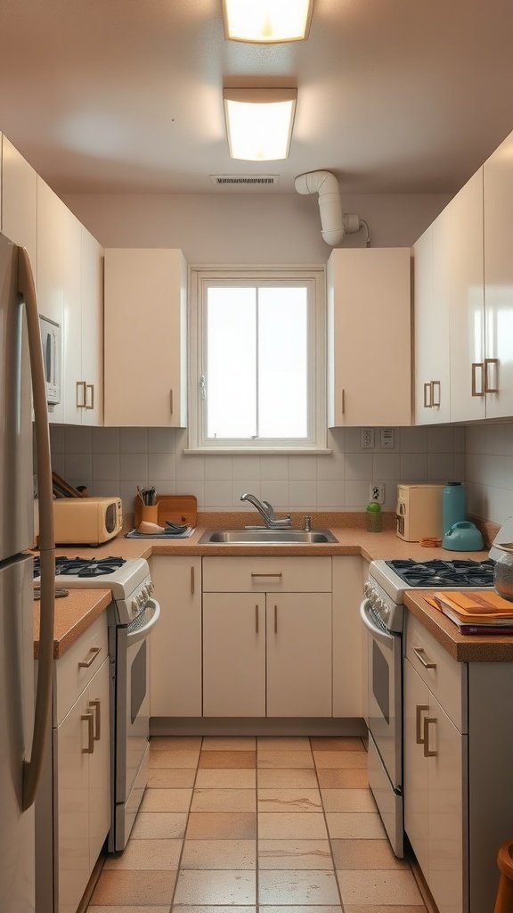 A dated kitchen with plain white cabinets and neutral countertops.