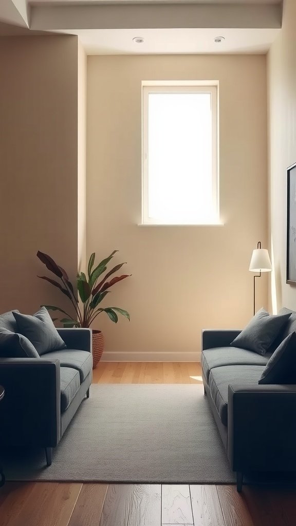 A cozy living room featuring beige walls and charcoal gray sofas, with a plant and natural light.