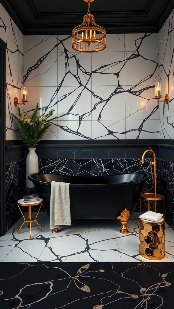 Luxurious black and gold bathroom with marble tiles and a stylish bathtub