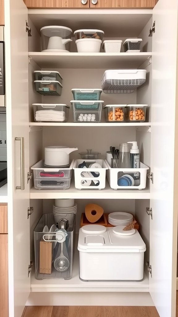 Organized kitchen cabinet with pull-out shelves, clear containers, and dividers