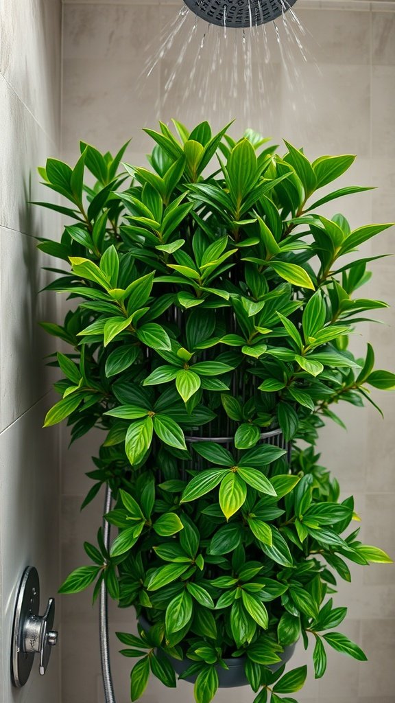 A healthy Chinese Evergreen plant thriving in a shower, with water droplets falling from the showerhead.