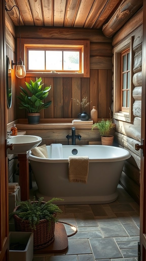 A cozy rustic bathroom featuring wooden walls, a freestanding bathtub, and plants.