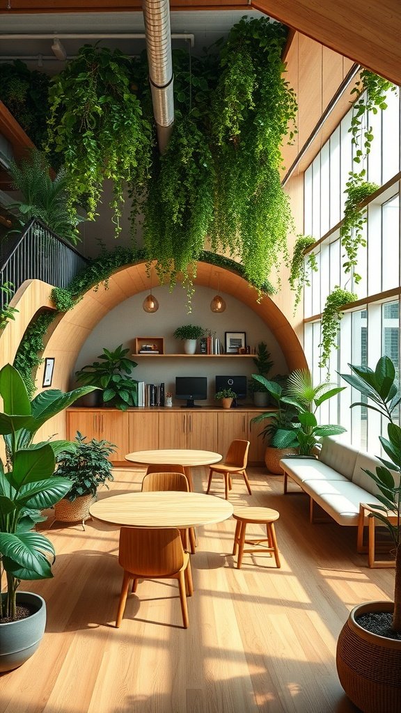 A cozy collaborative office area with organic shapes, wooden furniture, and abundant greenery.