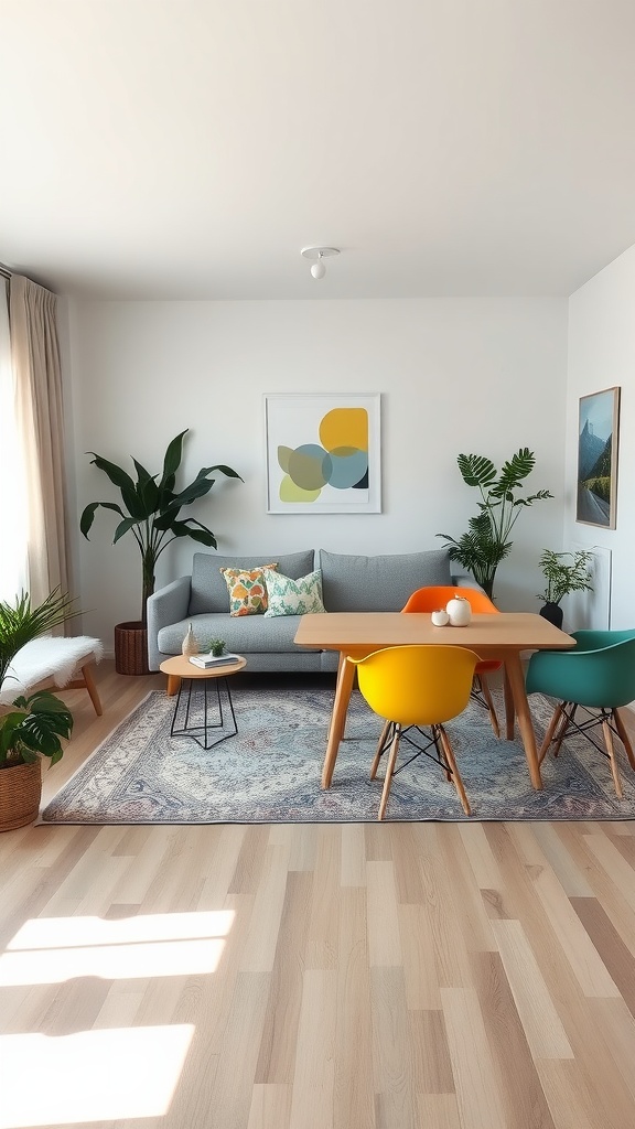 Living room-dining room combo with a gray sofa, colorful dining chairs, and plants