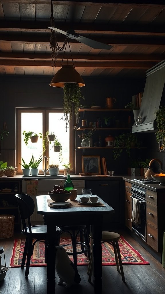 A cozy dark boho kitchen with plants, wooden beams, and a rustic dining table