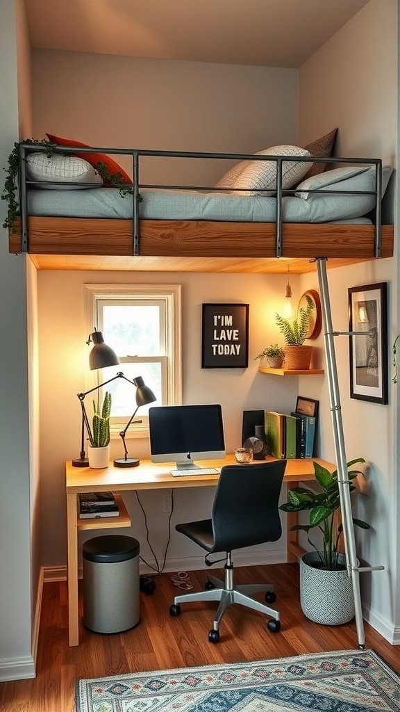 A small home office with a loft bed above and a desk below, featuring a computer and plants.
