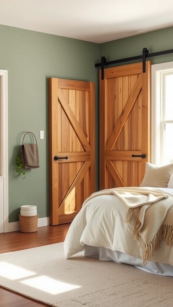 Farmhouse sage green bedroom with wooden barn doors and cozy bedding