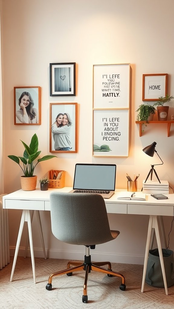 Cozy desk setup featuring framed photos, plants, and a laptop on a clean desk.