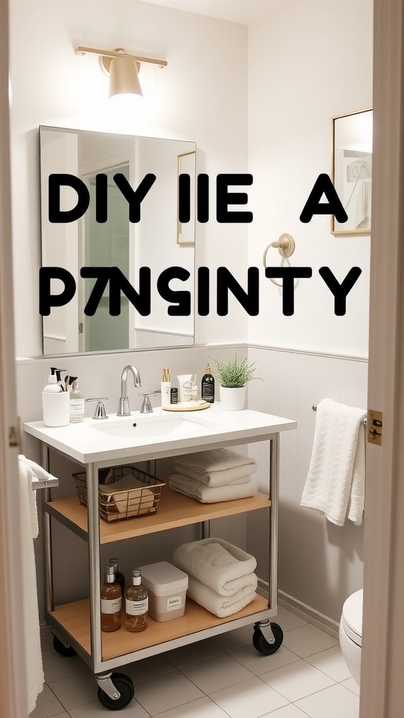 A stylish and functional DIY rolling vanity made from an Ikea Raskog cart, featuring a sink, towels, and decorative items.