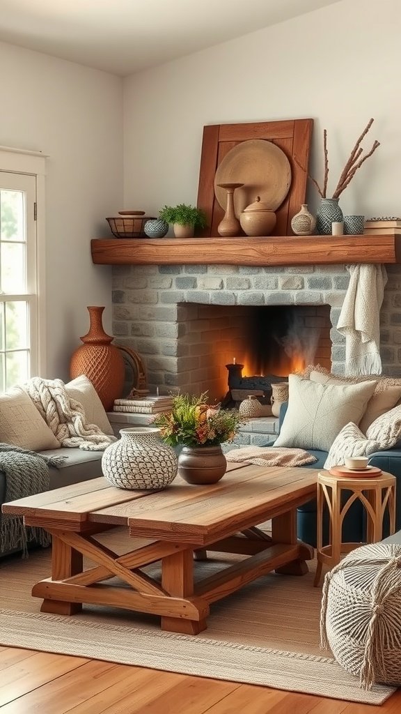 A cozy farmhouse living room featuring a rustic coffee table, handmade pottery, and soft textiles.