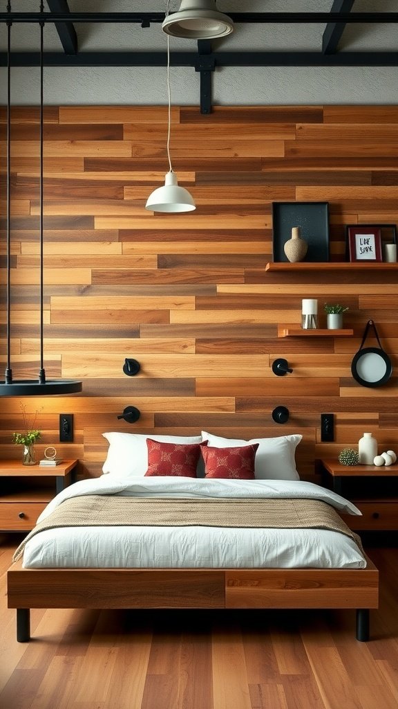 A modern industrial bedroom featuring a reclaimed wood wall, wooden bed frame, and warm decor.