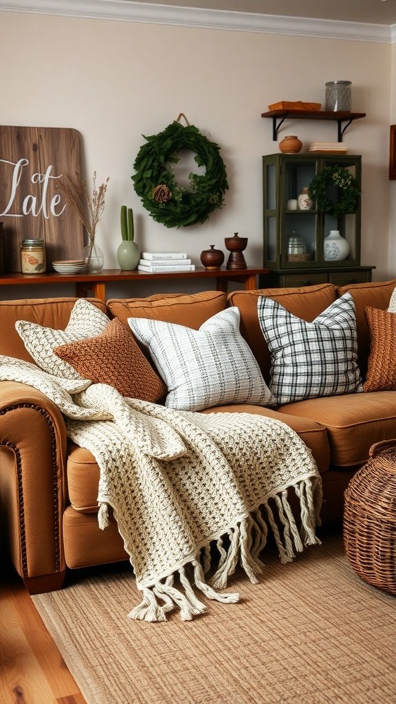 Cozy brown couch with textured pillows and a knit blanket, surrounded by farmhouse decor.