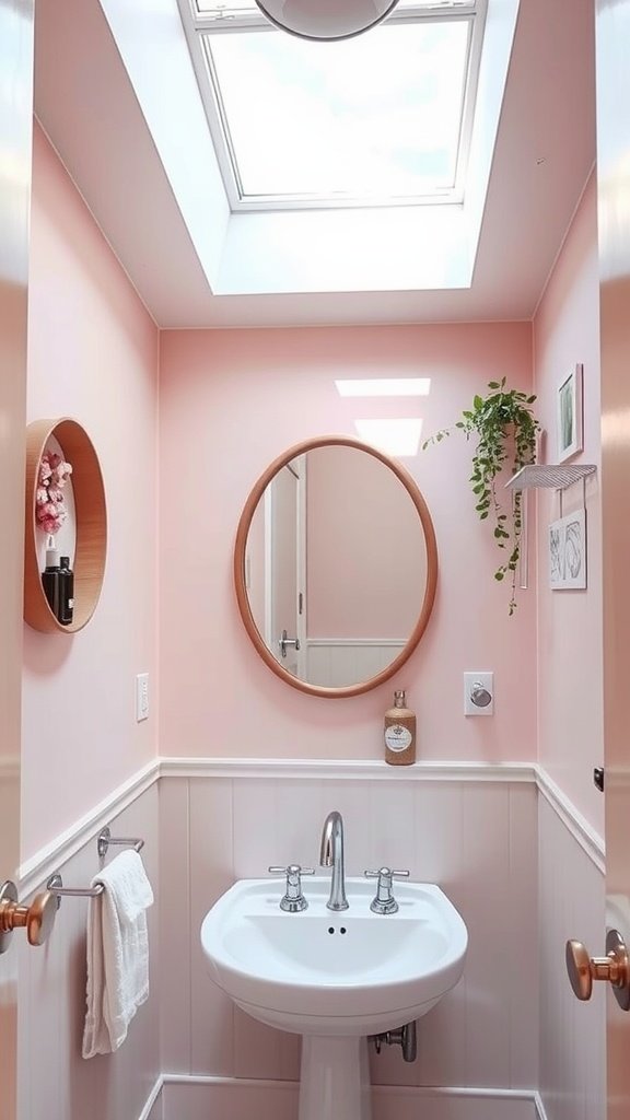 Small bathroom painted in light pink with a skylight, sink, and green plant decor