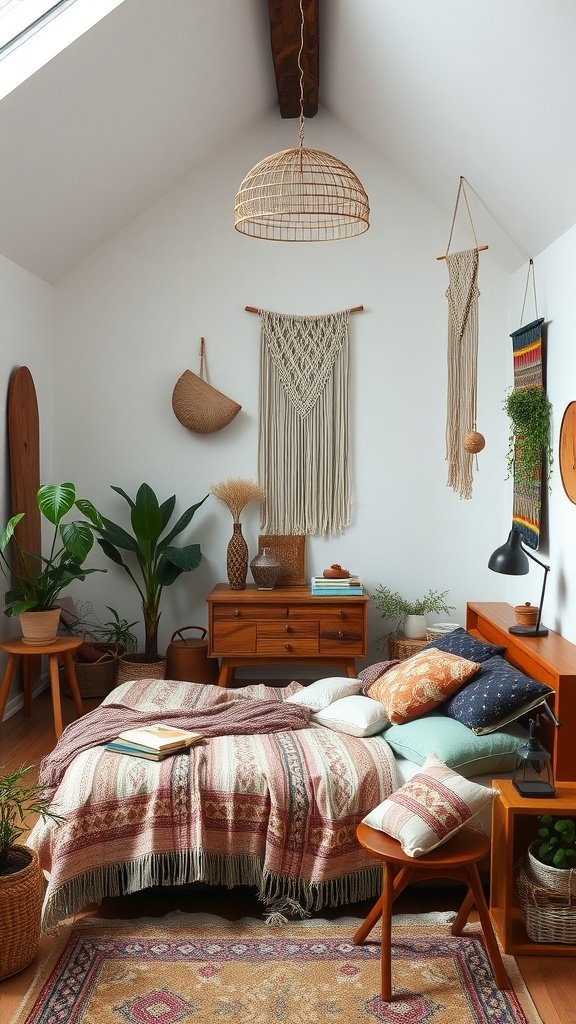 A cozy loft-style bedroom featuring earthy tones, a layered bed with blankets and pillows, plants, wall hangings, and a woven light fixture.
