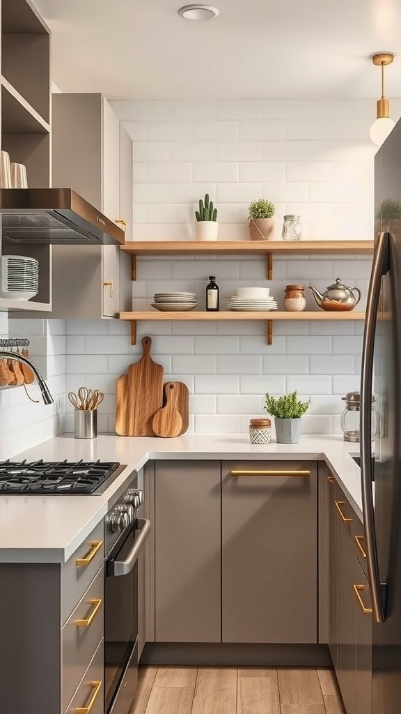 A small kitchen featuring gray cabinets with gold handles, open shelving, and a modern design.