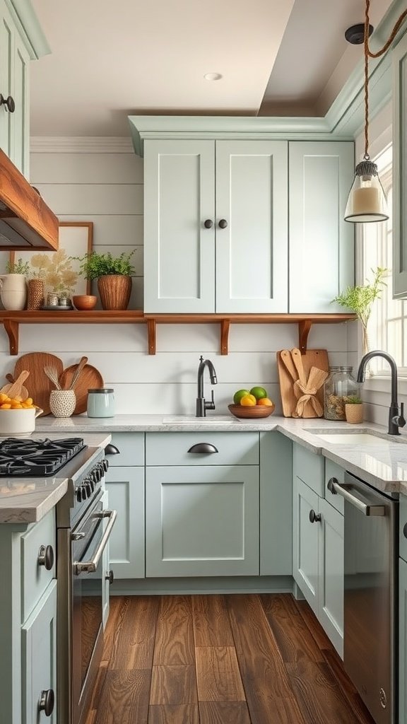 Mint classic style kitchen cabinets with wooden shelves and a modern sink in a cozy kitchen.