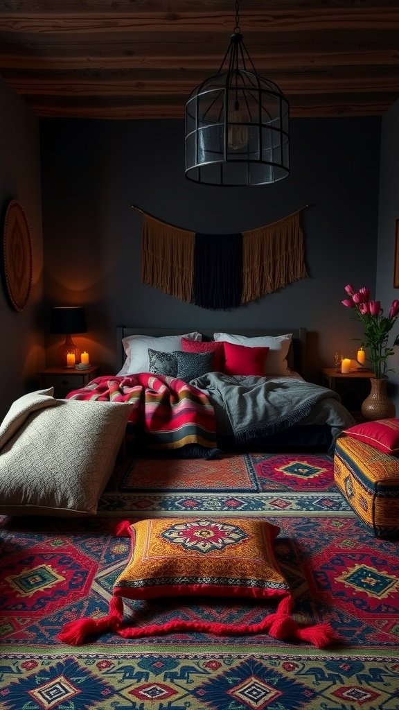A cozy dark boho bedroom featuring Moroccan-inspired floor cushions, colorful rugs, and soft lighting.