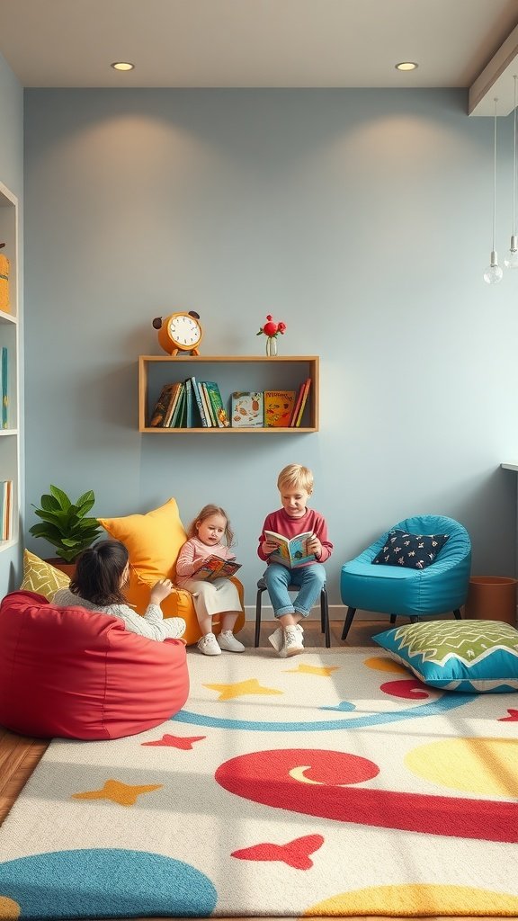 A vibrant reading nook for young children with colorful bean bags, a playful rug, and kids reading books in a cozy space.
