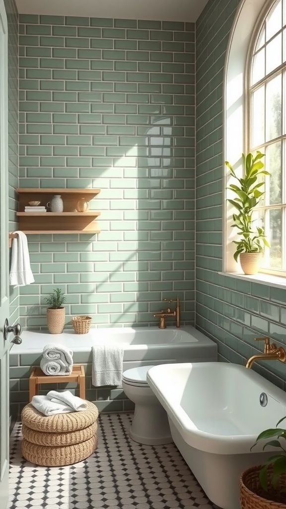 A serene bathroom featuring sage green subway tiles, a white bathtub, and natural decor elements.
