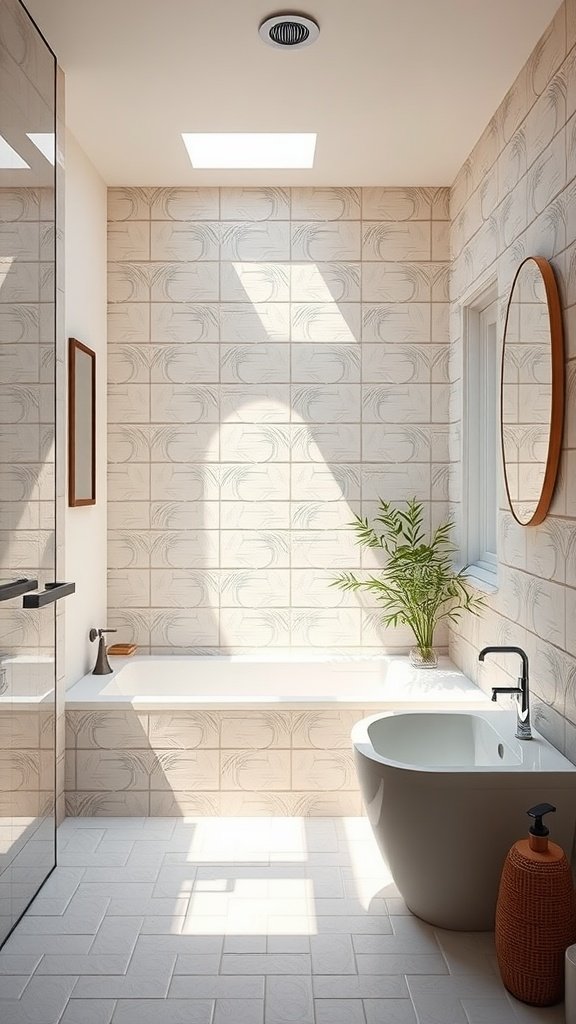 A serene bathroom featuring bamboo-embossed tiles, a bathtub, and a plant.
