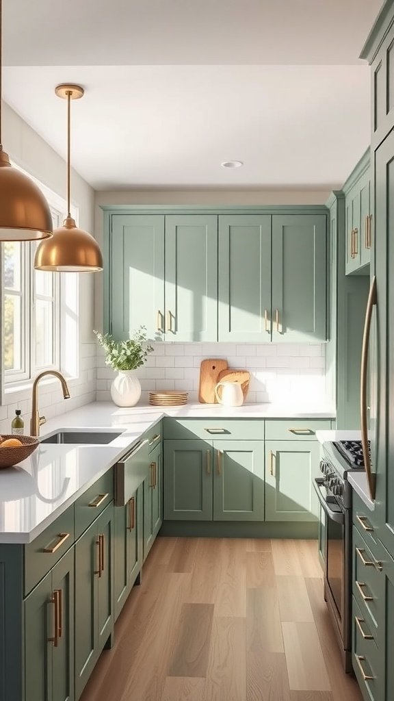 A modern kitchen featuring sage green cabinets, white countertops, and gold fixtures.