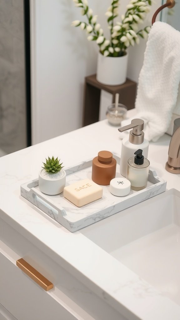 A stylish bathroom counter featuring a marble tray with a succulent plant, soap, and bottles.