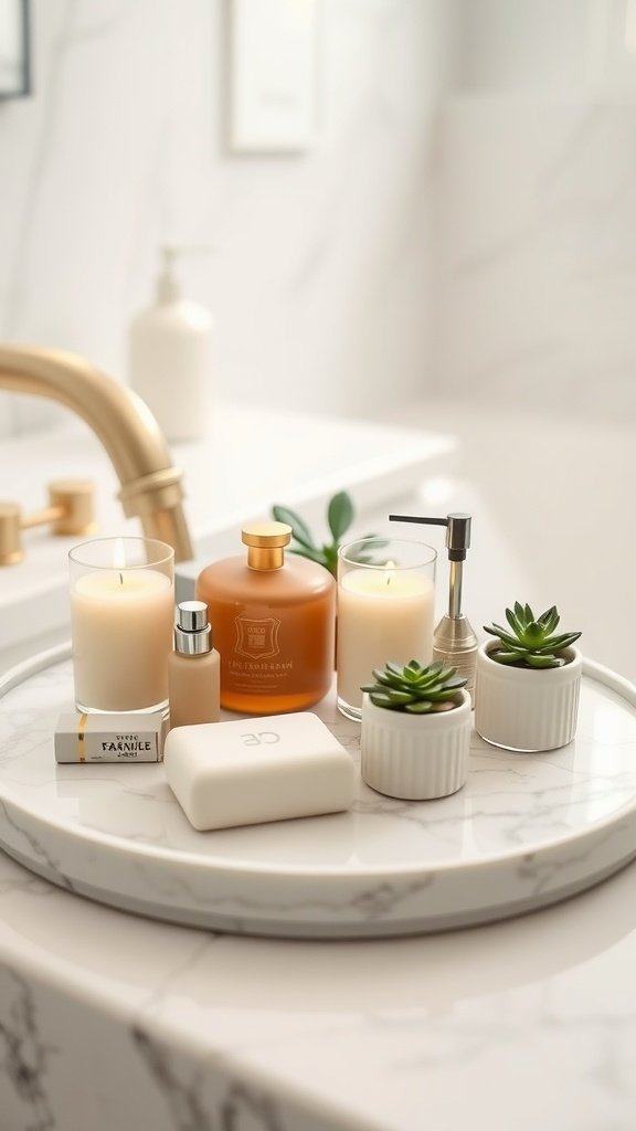 A marble tray holding candles and small plants in a bathroom setting.