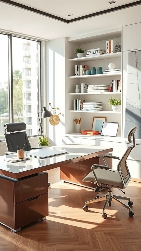 A sleek executive workspace featuring a modern desk, ergonomic chair, decorative shelves, and large windows allowing natural light.