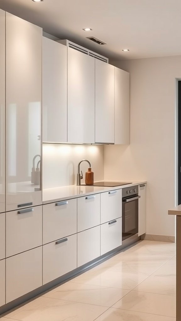 Modern kitchen with sleek handleless cabinets in glossy white finish.