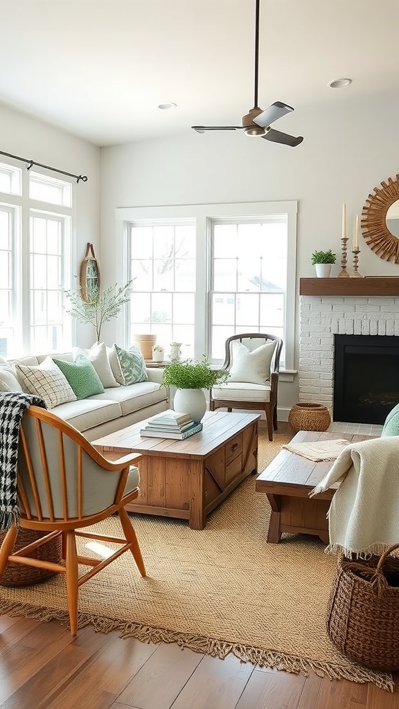 A modern farmhouse living room featuring spindle back and Windsor chairs, a cozy sofa, wooden tables, and natural decor.