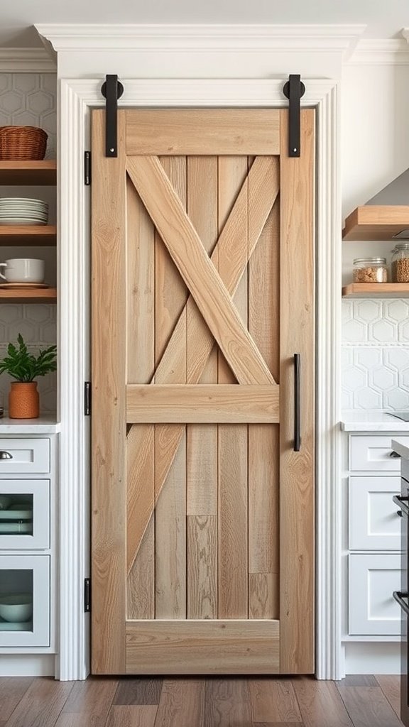 A rustic wooden pantry door with an X design, hung like a barn door, sliding open in a modern kitchen.
