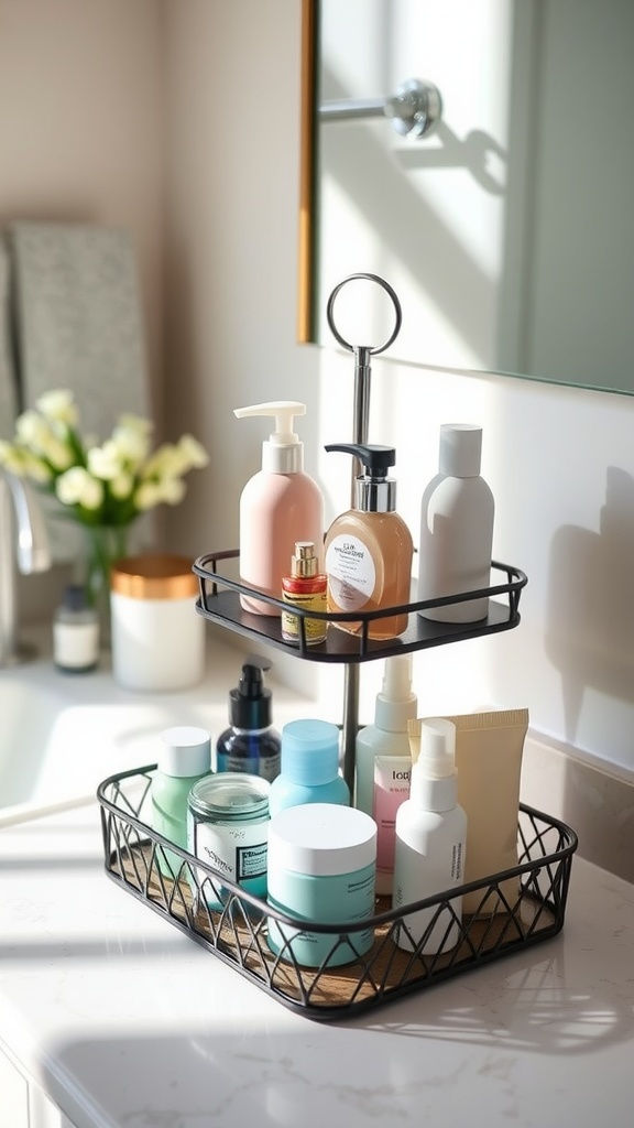 A stylish tiered tray with various beauty products in a modern bathroom setting.