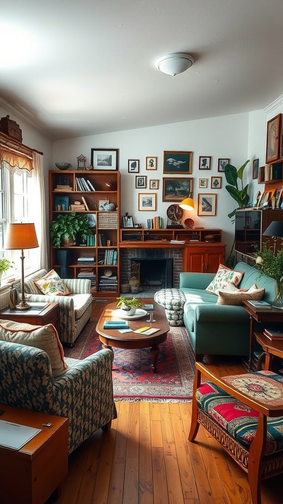 A cozy living room with mixed patterns and colors, featuring comfortable seating, a coffee table, and decor on the walls.
