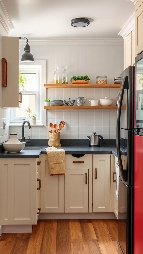 A small kitchen featuring two toned cabinets, with cream upper cabinets and dark lower cabinets, complemented by natural wood shelves.