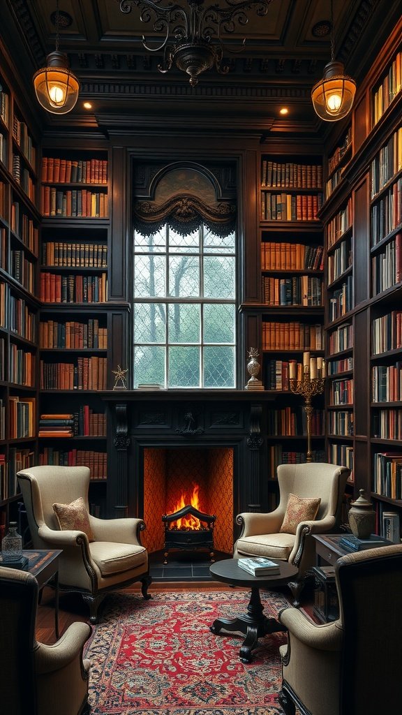 A sophisticated Victorian-style library with dark wood paneling, bookshelves filled with books, two armchairs, and a fireplace.
