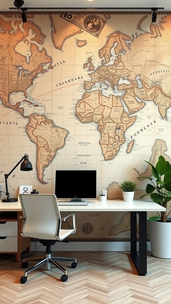 An office featuring vintage map wallpaper with an antique look, a desk, a chair, and a plant.