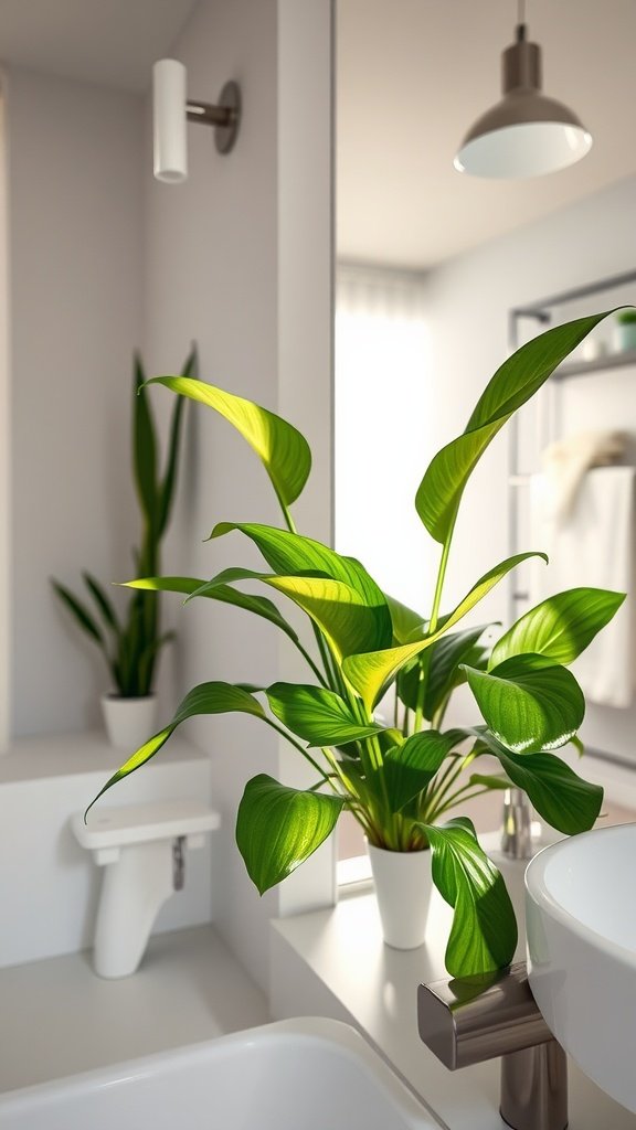 A Zz plant displayed in a bright bathroom setting, showcasing its shiny green leaves beside a sink.