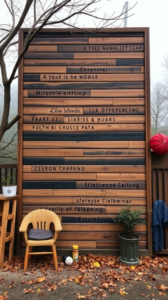 Wooden wall with etched phrases in a cozy bathroom setting, featuring a chair and a potted plant.