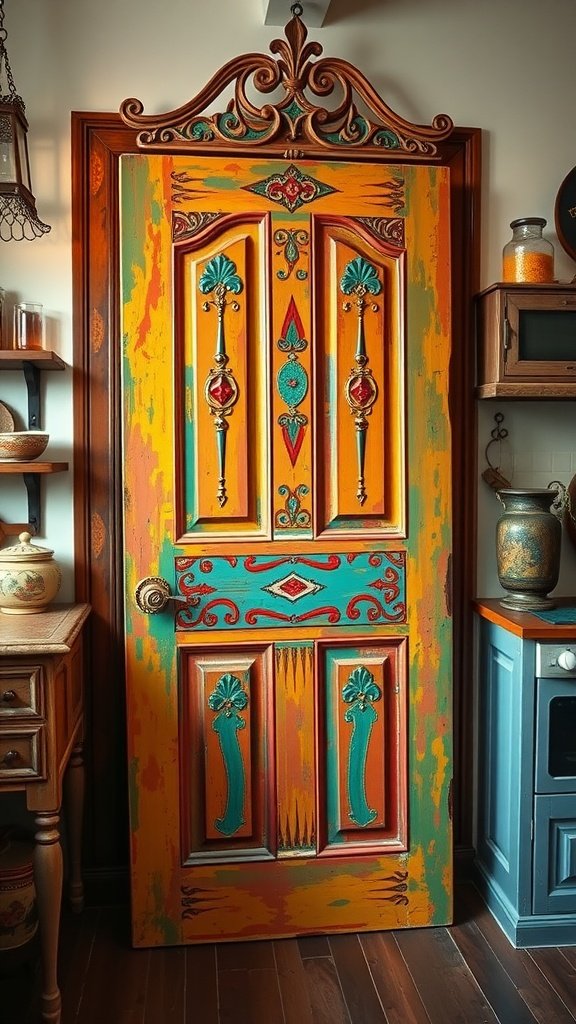 Colorful antique-painted pantry door with intricate designs