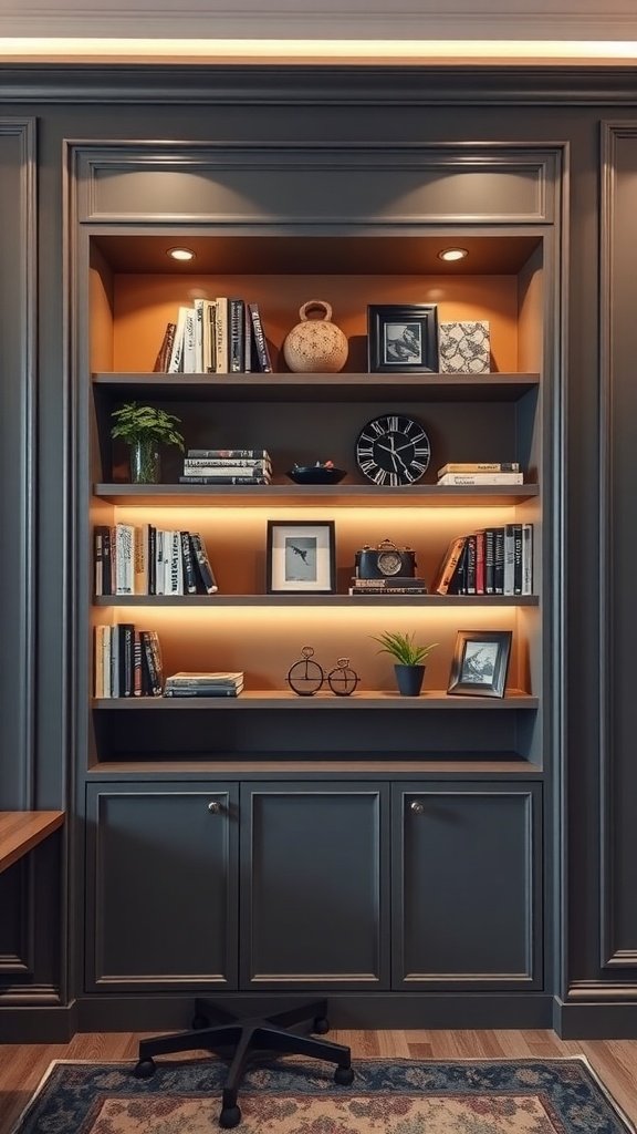 Stylish built-in shelving unit with warm lighting and decorative items