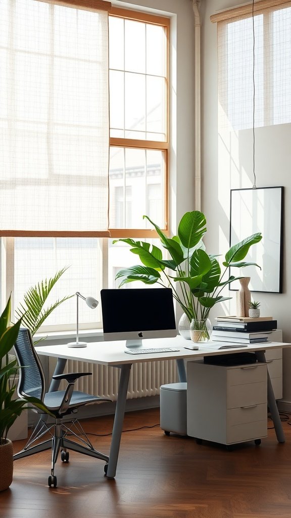 A modern office with textured window treatments, a plant, and a desk with a computer.