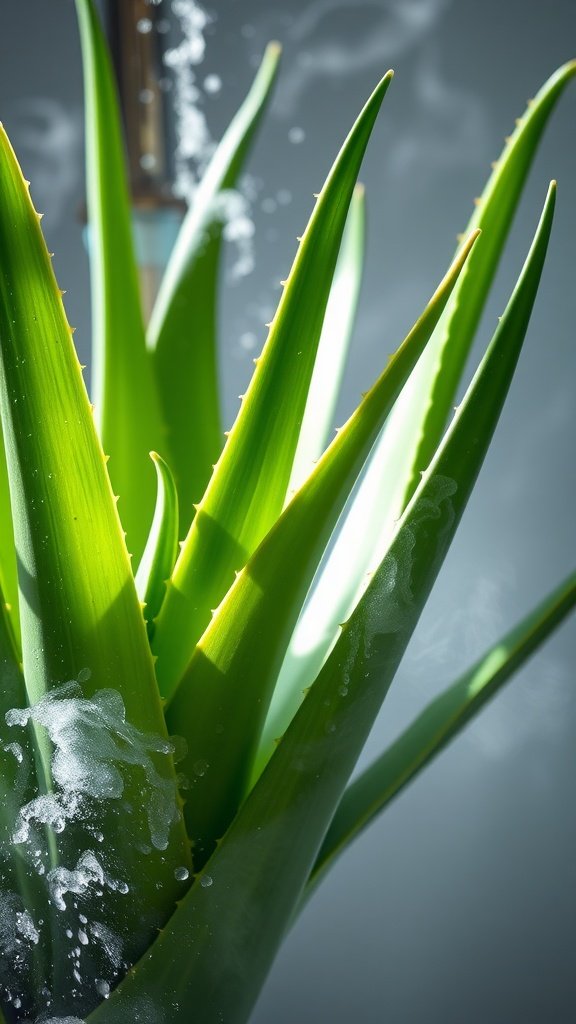 Close-up of Aloe Vera plant with water droplets and steam