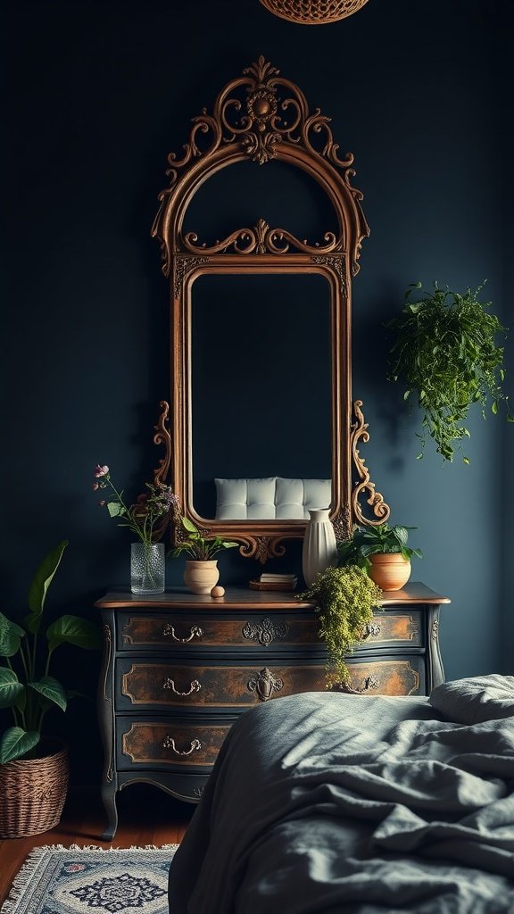 A beautifully ornate antique mirror above a stylish dark wooden dresser in a boho bedroom with plants and cozy textiles.