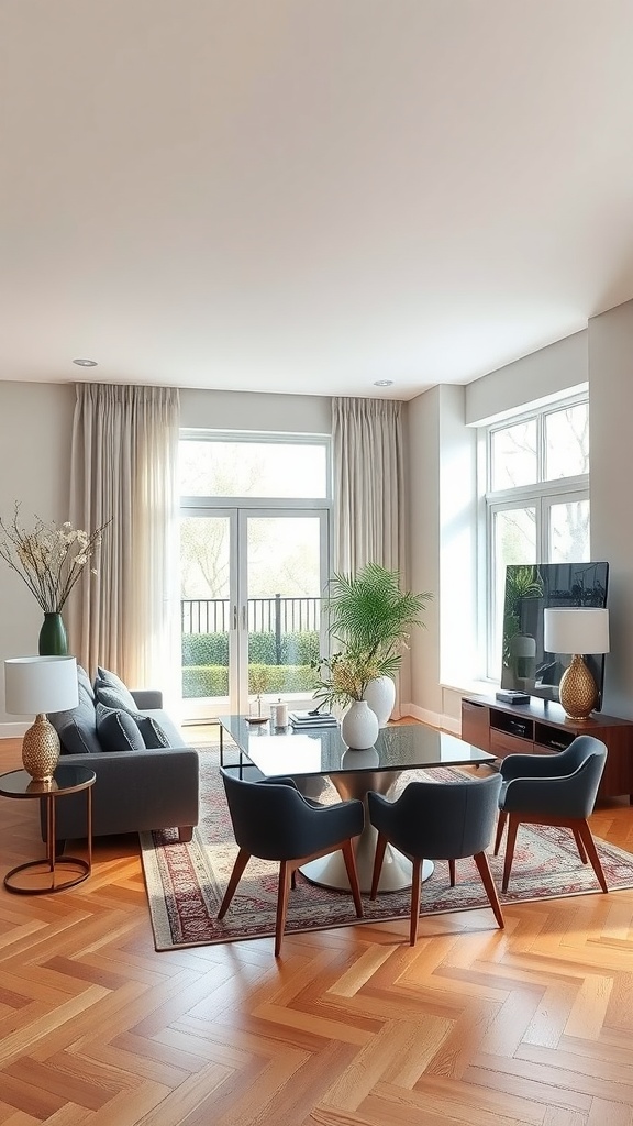 A bright living room with a dining area, featuring a sofa, dining table, and plants, showcasing balance in design.