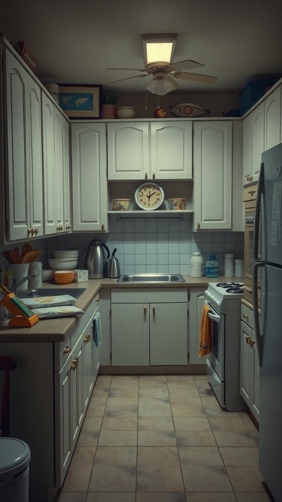 Before image of a dated kitchen showing white cabinets, old appliances, and a small layout.